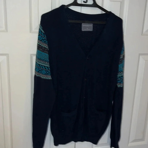 AE Navy cardigan grandpa Sweater Sz L - Picture 3 of 11